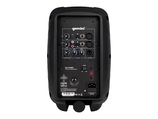 Акустическая система Gemini [AS-2108P] Активная, 2-х полосная, мощность RMS/Peak 250/500 Вт, АЧХ 60-20000 Гц, Max SPL 98 дБ, динамики: 8" НЧ, 1" ВЧ, входы: 1/8" TRS AUX, RCA (L/R) AUX, 2xXLR микрофонные, 2x1/4" линейные, выходы: XLR Mix