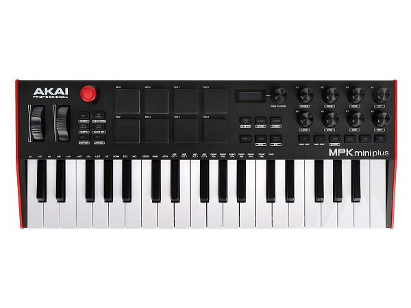 MIDI клавиатура [MPKMINIPLUS] AKAI [MPK Mini Plus] 37 мини-клавиш,  8 пэдов с RGB, 8 энкодеров, шаговый секвенсор, арпеджиатор, колесо pitch и modulation, OLED дисплей, выходы: CV/Gate: 3 x 1/8” Pitch/Gate/Mod, 1 x 1/8” CV Clock, вход: 1/8” CV Clock MIDI