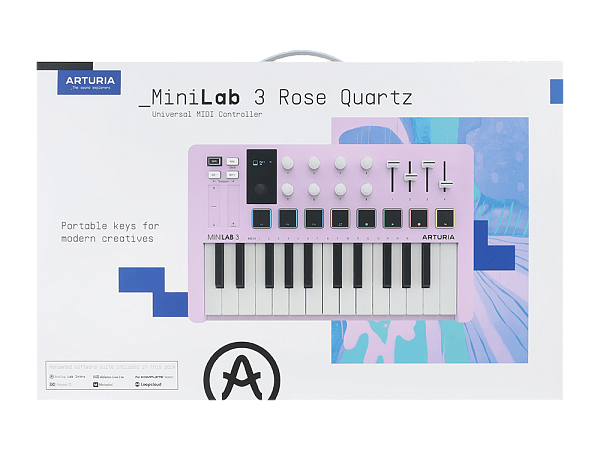 MIDI клавиатура [231509] Arturia [MiniLAB 3 Rose Quartz] 25 клавиш, 8 энкодеров, 8 RGB пэдов, 8 фейдеров, дисплей, сенсорные регуляторы Pitch/Modulation, MIDI-выход, 1/4" Jack вход педали, режим Chord, арпеджиатор, USB-C