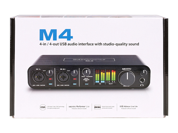 Аудиоинтерфейс USB [3140/3141] Motu [M4] АЦП/ЦАП: 24 бит/192 кГц, ЦАП ESS Sabre32 Ultra, 120 дБ, THD+N: -110 дБ, 2xCombo XLR/TRS, 2x1/4" TRS Jack входа / 4xRCA выхода, 4x1/4" TRS Jack выхода, 1/4" TRS Jack выход для наушников, MIDI, USB-C