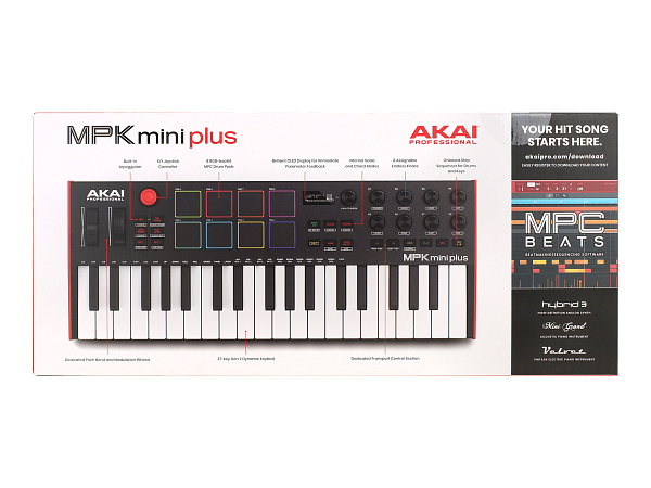 MIDI клавиатура [MPKMINIPLUS] AKAI [MPK Mini Plus] 37 мини-клавиш,  8 пэдов с RGB, 8 энкодеров, шаговый секвенсор, арпеджиатор, колесо pitch и modulation, OLED дисплей, выходы: CV/Gate: 3 x 1/8” Pitch/Gate/Mod, 1 x 1/8” CV Clock, вход: 1/8” CV Clock MIDI