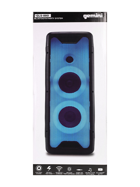Акустическая система Gemini [GLS-880] Активная, 3-х полосная, DSP, RMS/Peak 100/1000 Вт, АЧХ 30-20000 Гц, Max SPL 98 дБ, динамики: 8" НЧ, 8" СЧ, 1" ВЧ, входы: 1/4" Guitar, 1/4" Mic, 1/8” AUX, USB, FM радио, Bluetooth, аккумулятор, подсветка