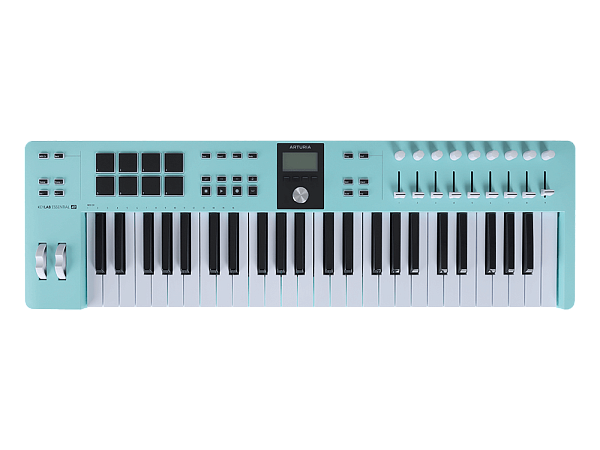 MIDI клавиатура [231524] Arturia [KeyLab Essential 49 mk3 Aquamarine] 49 клавиш, LCD дисплей, 9 энкодеров, 8 пэдов, 9 фейдеров, 12 кнопок управления, колеса высоты тона и модуляции, 1/4" Jack вход для педали, MIDI выход, Type-C