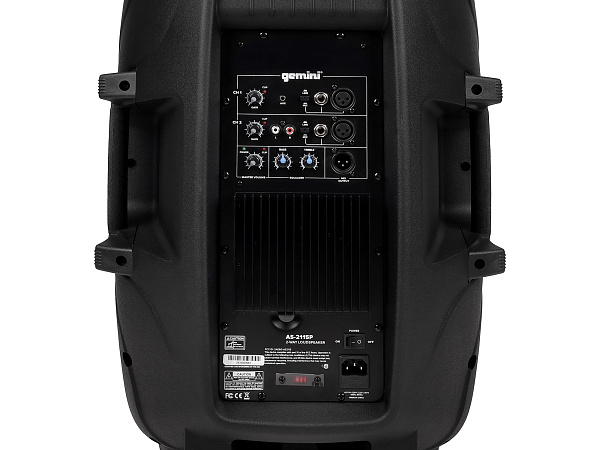 Акустическая система Gemini [AS-2115P] Активная, 2-х полосная, мощность RMS/Peak 500/2000 Вт, АЧХ 40-20000 Гц, Max SPL 110 дБ, динамики: 15" НЧ, 1" ВЧ, входы: 1/8" TRS AUX, RCA (L/R) AUX, 2xXLR микрофонные, 2x1/4" линейные, выходы: XLR Mix