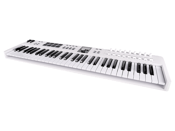 MIDI клавиатура [231531] Arturia [KeyLab Essential 61 mk3 White] 61 клавиша, LCD дисплей, 9 энкодеров, 8 пэдов, 9 фейдеров, 12 кнопок управления, колеса высоты тона и модуляции, 1/4" Jack вход для педали, MIDI выход, Type-C