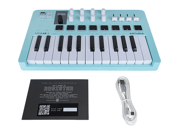 MIDI клавиатура [231599] Arturia [MiniLAB 3 Aquamarine] 25 клавиш, 8 энкодеров, 8 RGB пэдов, 8 фейдеров, дисплей, сенсорные регуляторы Pitch/Modulation, MIDI-выход, 1/4" Jack вход педали, режим Chord, арпеджиатор, USB-C