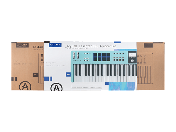 MIDI клавиатура [231534] Arturia [KeyLab Essential 61 mk3 Aquamarine] 61 клавиша, LCD дисплей, 9 энкодеров, 8 пэдов, 9 фейдеров, 12 кнопок управления, колеса высоты тона и модуляции, 1/4" Jack вход для педали, MIDI выход, Type-C