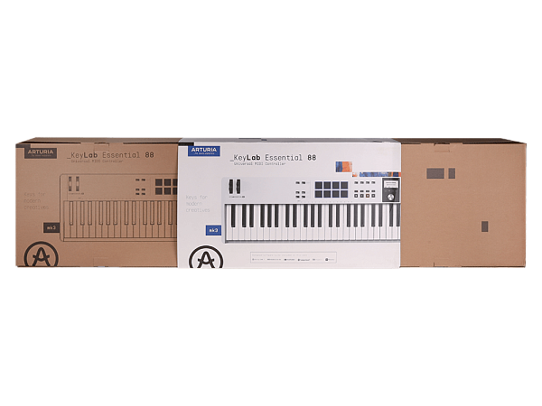 MIDI клавиатура [231541] Arturia [KeyLab Essential 88 mk3 White] 88 клавиш, LCD дисплей, 9 энкодеров, 8 пэдов, 9 фейдеров, 12 кнопок управления, колеса высоты тона и модуляции, 1/4" Jack вход для педали, MIDI выход, Type-C
