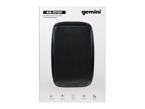 Акустическая система Gemini [AS-2115P] Активная, 2-х полосная, мощность RMS/Peak 500/2000 Вт, АЧХ 40-20000 Гц, Max SPL 110 дБ, динамики: 15" НЧ, 1" ВЧ, входы: 1/8" TRS AUX, RCA (L/R) AUX, 2xXLR микрофонные, 2x1/4" линейные, выходы: XLR Mix
