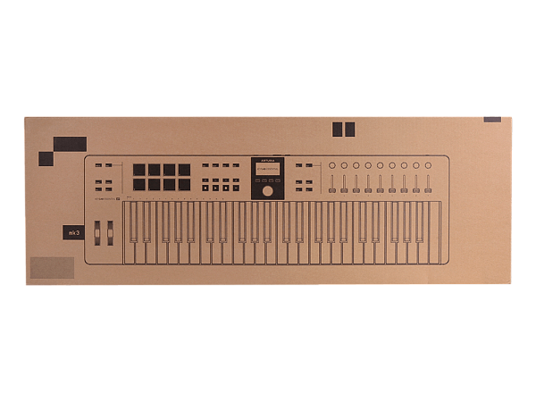 MIDI клавиатура [231521] Arturia [KeyLab Essential 49 mk3 White] 49 клавиш, LCD дисплей, 9 энкодеров, 8 пэдов, 9 фейдеров, 12 кнопок управления, колеса высоты тона и модуляции, 1/4" Jack вход для педали, MIDI выход, Type-C