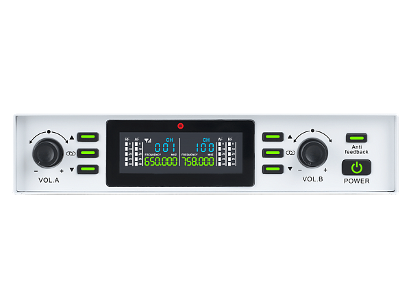 Микрофонная радиосистема Axelvox [DX800SW] UHF 650 - 758 MHz, подавитель обратной связи, цифровая модуляция, LCD дисплей, DSP, ручной микрофон - 2 шт., силиконовые кольца - 2 шт., держатель для микрофона - 2 шт., цвет белый.