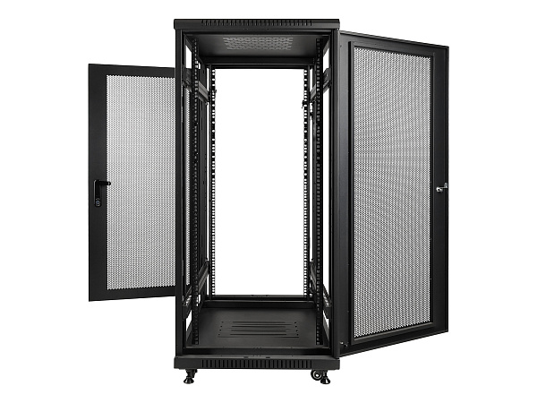 Рэковая стойка Wize Pro [W27U100R-M] 19”, 27U, 600х1000 мм, передняя и задняя двери металлические перфорированные, колеса, рэковые гайки: 20 шт, макс. вес нагрузки 800 кг, сталь, черный (3 места)
