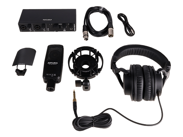 Аудиоинтерфейс USB [800202] Arturia [MiniFuse Recording Pack Black] комплект: MiniFuse 2, микрофон CM1, поп фильтр, наушники EF1 и XLR кабель. Цвет - черный