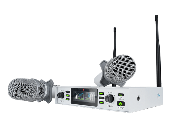 Микрофонная радиосистема Axelvox [DX800SW] UHF 650 - 758 MHz, подавитель обратной связи, цифровая модуляция, LCD дисплей, DSP, ручной микрофон - 2 шт., силиконовые кольца - 2 шт., держатель для микрофона - 2 шт., цвет белый.