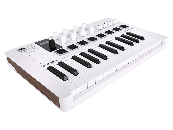 MIDI клавиатура [231501] Arturia [MiniLAB 3] 25 клавиш, 8 энкодеров, 8 RGB пэдов, 8 фейдеров, дисплей, сенсорные регуляторы Pitch/Modulation, MIDI-выход, 1/4" Jack вход педали, режим Chord, арпеджиатор, USB-C