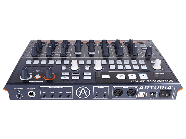 Микшер (драм машина) [561101] Arturia [DrumBrute Impact] аналоговый, 10 барабанов и перкуссии, 64-шаговый секвенсор, функции Swing, Step Repeat, Roller, Looper, 4x1/8" mini Jack выхода: стерео выход для наушников 1/8" mini Jack, 1/4" TRS Jack Mix Out, MI