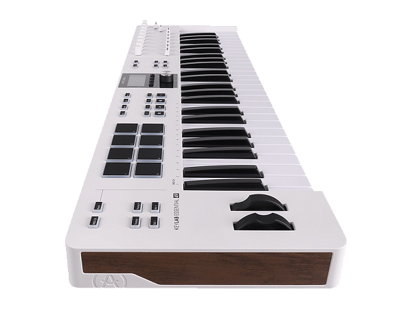 MIDI клавиатура [231521] Arturia [KeyLab Essential 49 mk3 White] 49 клавиш, LCD дисплей, 9 энкодеров, 8 пэдов, 9 фейдеров, 12 кнопок управления, колеса высоты тона и модуляции, 1/4" Jack вход для педали, MIDI выход, Type-C
