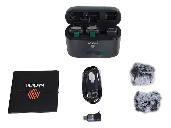 Радиосистема микрофонная Icon [AirMic 3] 2 передатчика со всенаправленными микрофонами, приемник с USB-C разъемом, кейс для зарядки, АЦП/ЦАП 24 бит/48 кГц, рабочая частота 2,4 ГГц, дальность 40 м, время непрерывной работы 8,5 часов, 24 часа с кейсом