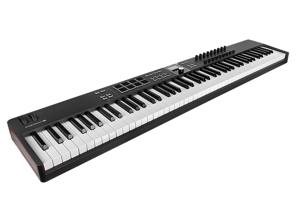 MIDI клавиатура [231542] Arturia [KeyLab Essential 88 mk3 Black] 88 клавиш, LCD дисплей, 9 энкодеров, 8 пэдов, 9 фейдеров, 12 кнопок управления, колеса высоты тона и модуляции, 1/4" Jack вход для педали, MIDI выход, Type-C