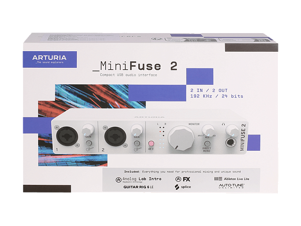 Аудиоинтерфейс USB [800112] Arturia [MiniFuse 2 White] 24бит/192кГц, два комбинированных входа XLR-1/4” (микрофонный / линейный / инструментальный уровень) с фантомным питанием +48 В, выходы на монитор (L/R Jack), выход для наушников, MIDI In/Out