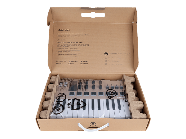 MIDI клавиатура [231508] Arturia [MiniLAB 3 Champagne] 25 клавиш, 8 энкодеров, 8 RGB пэдов, 8 фейдеров, дисплей, сенсорные регуляторы Pitch/Modulation, MIDI-выход, 1/4" Jack вход педали, режим Chord, арпеджиатор, USB-C