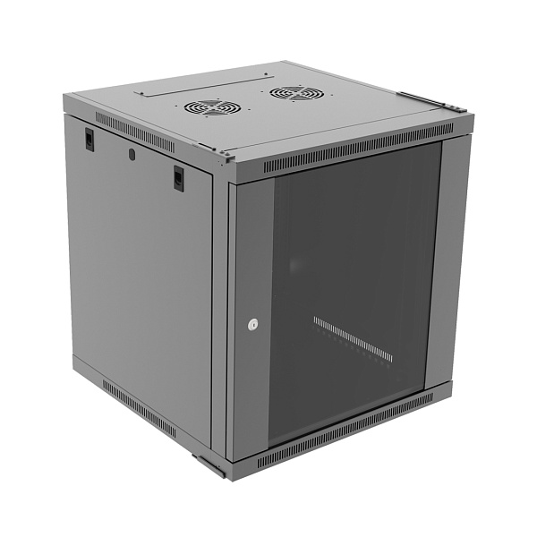 Настенный шкаф Wize Pro [W12UQSR] 19", 12U, быстрая сборка без инструментов, 600х600 мм, стеклянная передняя дверь, задняя стенка металлическая, неоткидная, макс. вес нагрузки 50 кг, сталь, черный