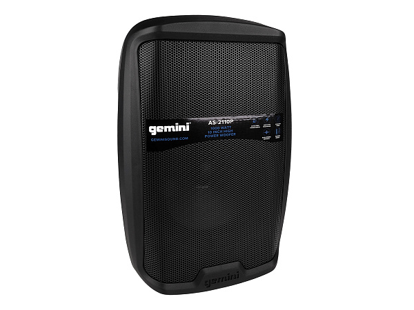 Акустическая система Gemini [AS-2110P] Активная, 2-х полосная, мощность RMS/Peak 500/1000 Вт, АЧХ 55-20000 Гц, Max SPL 100 дБ, динамики: 10" НЧ, 1" ВЧ, входы: 1/8" TRS AUX, RCA (L/R) AUX, 2xXLR микрофонные, 2x1/4" линейные, выходы: XLR Mix