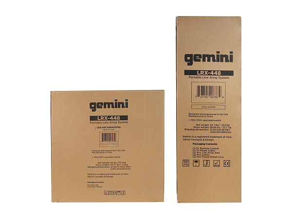 Акустическая система Gemini [LRX-448] Комплект: 8 (2х4) 2-х полосных сателлитов, 12" активный сабвуфер, совокупная мощность RMS 600 Вт, SD слот, USB порт, FM радио, Bluetooth, 2 стойки, кабели питания, кабели коммутации (2 места)