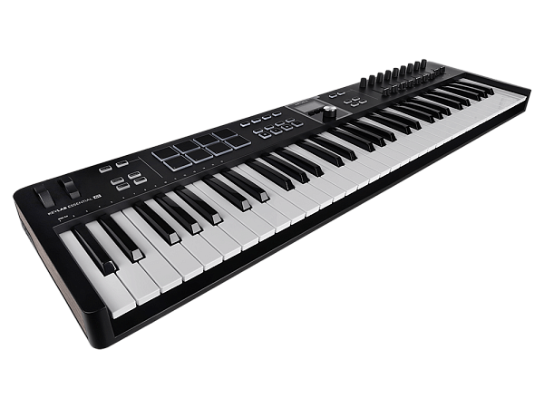MIDI клавиатура [231532] Arturia [KeyLab Essential 61 mk3 Black] 61 клавиша, LCD дисплей, 9 энкодеров, 8 пэдов, 9 фейдеров, 12 кнопок управления, колеса высоты тона и модуляции, 1/4" Jack вход для педали, MIDI выход, Type-C