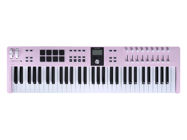 MIDI клавиатура [231535] Arturia [KeyLab Essential 61 mk3 Rose Quartz] 61 клавиша, LCD дисплей, 9 энкодеров, 8 пэдов, 9 фейдеров, 12 кнопок управления, колеса высоты тона и модуляции, 1/4" Jack вход для педали, MIDI выход, Type-C