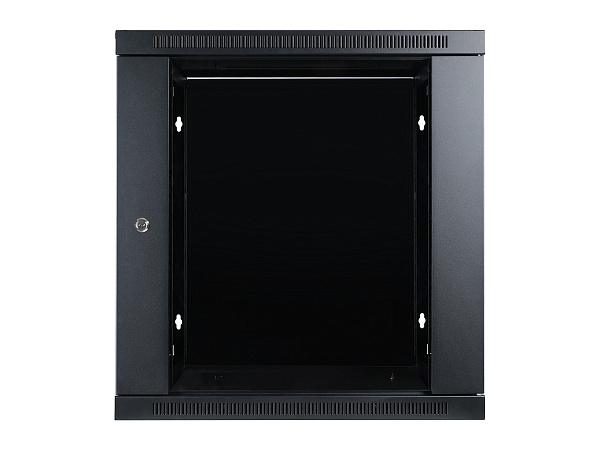 Настенный шкаф Wize Pro [W12UQSR] 19", 12U, быстрая сборка без инструментов, 600х600 мм, стеклянная передняя дверь, задняя стенка металлическая, неоткидная, макс. вес нагрузки 50 кг, сталь, черный