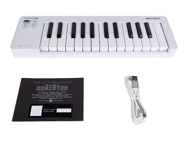 MIDI клавиатура [231511] Arturia [MicroLab 3 White] 25 клавиш, чувствительных к скорости нажатия, сенсорные полосы pitch и modulation, режим игры аккордами, разъем для подключения педали, type-c, ПО: Analog Lab Intro, Ableton Live Lite. Цвет - белый.