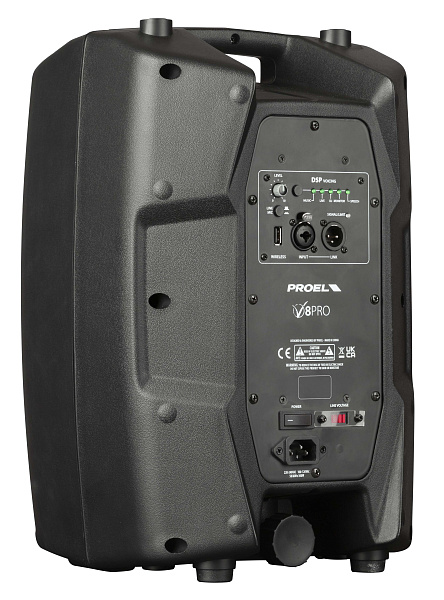 Активная акустическая система PROEL [V8PRO] 2-х полосная, НЧ динамик 8", ВЧ динамик 1", DSP, мощность пик./ном. 600/300 Вт, АЧХ 70-20000 Гц, макс. SPL 122 дБ, Combo XLR/TRS мик./лин. вход, XLR лин. выход, USB-A порт для радиосистем U24B/U24H