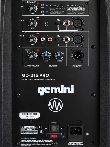 Акустическая система Gemini [GD-215PRO] Активная, 2-х полосная, мощность RMS/Peak 280/1300 Вт, Max Peak SPL 120 Вт, динамики: 15" НЧ, 1,35" ВЧ, входы: 1/8” TRS AUX, 2x 1/4" TRS, 2x XLR, 2x RCA AUX, выходы: XLR Mix Out, Bluetooth, микрофон