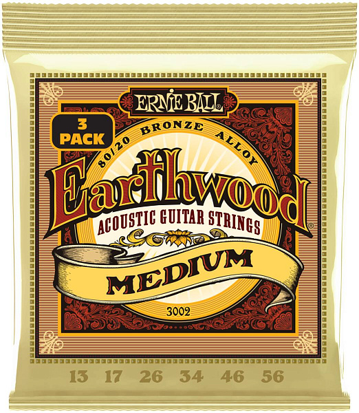 ERNIE BALL 3002 Earthwood 80/20 Bronze Medium 3 Pack 13-56 - Струны для акустической гитары