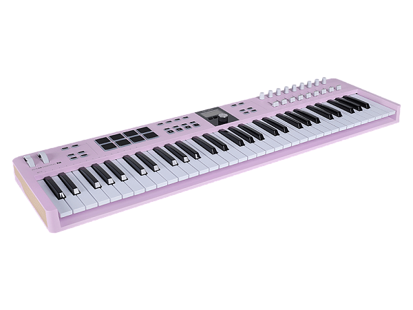 MIDI клавиатура [231535] Arturia [KeyLab Essential 61 mk3 Rose Quartz] 61 клавиша, LCD дисплей, 9 энкодеров, 8 пэдов, 9 фейдеров, 12 кнопок управления, колеса высоты тона и модуляции, 1/4" Jack вход для педали, MIDI выход, Type-C