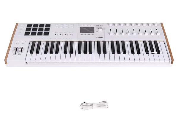 MIDI клавиатура [231621] Arturia [KeyLAB 49 MK3 White] 49 клавиш, полувзвешенная механика, дисплей, 12 пэдов , 9 фейдеров, 9 поворотных регуляторов, 3 входа для подключения педалей, MIDI in/out, USB-C