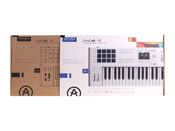 MIDI клавиатура [231621] Arturia [KeyLAB 49 MK3 White] 49 клавиш, полувзвешенная механика, дисплей, 12 пэдов , 9 фейдеров, 9 поворотных регуляторов, 3 входа для подключения педалей, MIDI in/out, USB-C