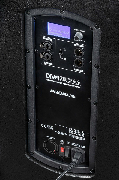 Активный сабвуфер PROEL [DIVASUB18A] НЧ динамик 18", встроенный DSP, LCD дисплей, АЧХ 35-160 Гц, мощность пик. 1500 Вт, мощность номин. 750 Вт, макс. SPL 132 дБ, 2x Combo XLR/TRS входа, 2x XLR выхода, материал корпуса фанера, ручки для переноски 2 шт.
