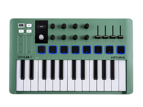 MIDI клавиатура [231506] Arturia [MiniLAB 3 Mint Edition] 25 клавиш, 8 энкодеров, 8 RGB пэдов, 8 фейдеров, дисплей, сенсорные регуляторы Pitch/Modulation, MIDI-выход, 1/4" Jack вход педали, режим Chord, арпеджиатор, USB-C