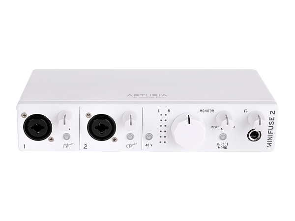 Аудиоинтерфейс USB [800112] Arturia [MiniFuse 2 White] 24бит/192кГц, два комбинированных входа XLR-1/4” (микрофонный / линейный / инструментальный уровень) с фантомным питанием +48 В, выходы на монитор (L/R Jack), выход для наушников, MIDI In/Out