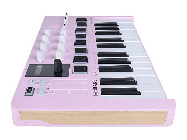 MIDI клавиатура [231509] Arturia [MiniLAB 3 Rose Quartz] 25 клавиш, 8 энкодеров, 8 RGB пэдов, 8 фейдеров, дисплей, сенсорные регуляторы Pitch/Modulation, MIDI-выход, 1/4" Jack вход педали, режим Chord, арпеджиатор, USB-C