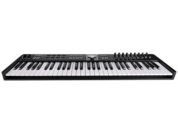 MIDI клавиатура [231532] Arturia [KeyLab Essential 61 mk3 Black] 61 клавиша, LCD дисплей, 9 энкодеров, 8 пэдов, 9 фейдеров, 12 кнопок управления, колеса высоты тона и модуляции, 1/4" Jack вход для педали, MIDI выход, Type-C