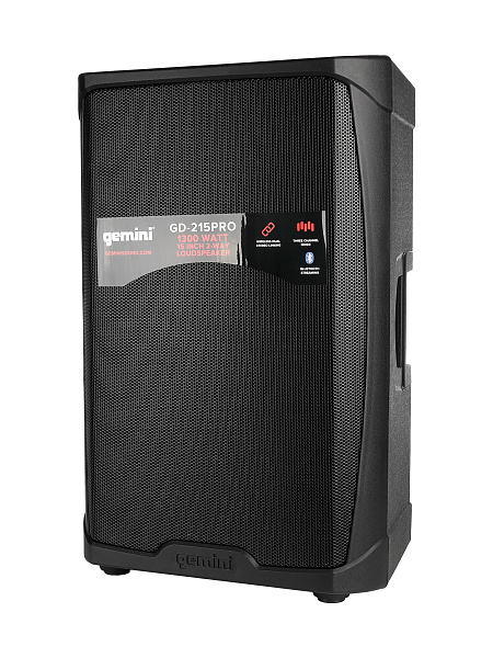 Акустическая система Gemini [GD-215PRO] Активная, 2-х полосная, мощность RMS/Peak 280/1300 Вт, Max Peak SPL 120 Вт, динамики: 15" НЧ, 1,35" ВЧ, входы: 1/8” TRS AUX, 2x 1/4" TRS, 2x XLR, 2x RCA AUX, выходы: XLR Mix Out, Bluetooth, микрофон