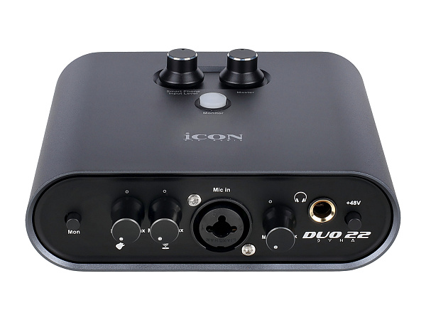 Аудиоинтерфейс USB [110313A2003] Icon [Duo22 Dyna B] АЦП/ЦАП: 24 бит/192 кГц, 127 дБ, входы/выходы: Combo XLR/TRS, 1/4" TS/ 2х1/4" TRS, 1/8" mini Jack стерео, 1/4" TRS стерео выход на наушники, USB-C, +48 В, цвет черный