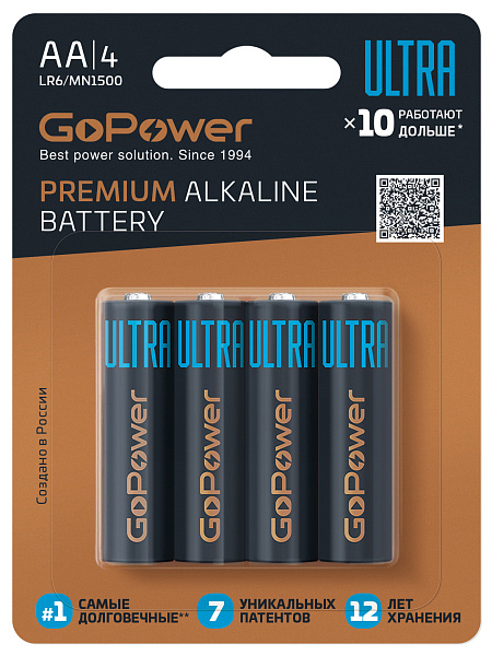 00-00026394 Ultra Элемент питания LR6 AA Alkaline 1.5В, 4шт, GoPower