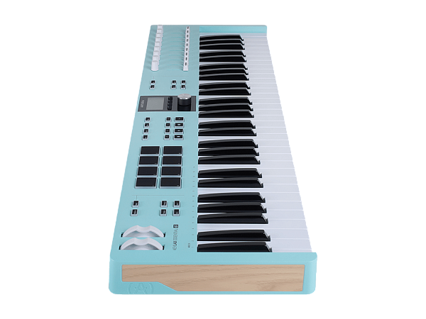 MIDI клавиатура [231534] Arturia [KeyLab Essential 61 mk3 Aquamarine] 61 клавиша, LCD дисплей, 9 энкодеров, 8 пэдов, 9 фейдеров, 12 кнопок управления, колеса высоты тона и модуляции, 1/4" Jack вход для педали, MIDI выход, Type-C
