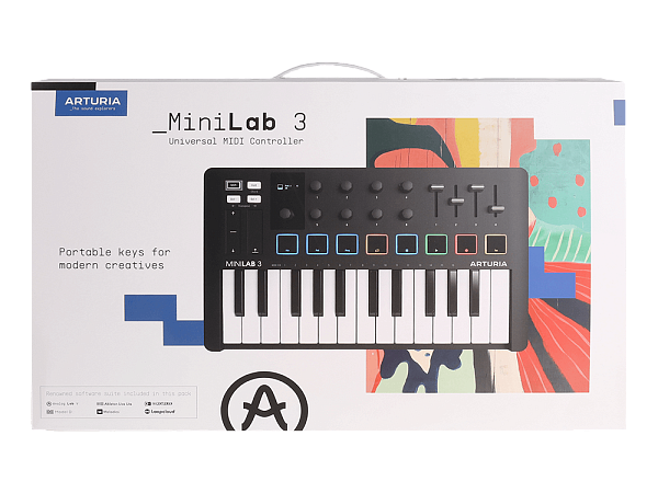 MIDI клавиатура [231502] Arturia [MiniLAB 3 Black Edition] 25 клавиш, 8 энкодеров, 8 RGB пэдов, 8 фейдеров, дисплей, сенсорные регуляторы Pitch/Modulation, MIDI-выход, 1/4" Jack вход педали, режим Chord, арпеджиатор, USB-C