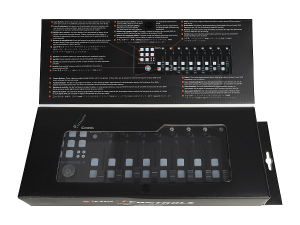 MIDI контроллер [10105100054] Icon [iControls] USB MIDI контроллер, 9 фейдеров, 18 кнопок, 9 энкодеров, джойстик, кнопка "Сцена" для настройки 4-х пресетов, 6 кнопок транспорта, разъем USB Mini-B, разъем USB-A