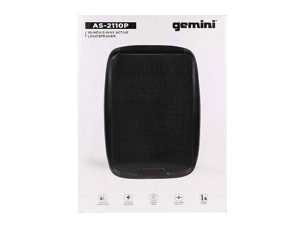 Акустическая система Gemini [AS-2110P] Активная, 2-х полосная, мощность RMS/Peak 500/1000 Вт, АЧХ 55-20000 Гц, Max SPL 100 дБ, динамики: 10" НЧ, 1" ВЧ, входы: 1/8" TRS AUX, RCA (L/R) AUX, 2xXLR микрофонные, 2x1/4" линейные, выходы: XLR Mix